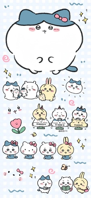 ちいかわ、ハチワレ、うさぎたちの可愛いインタラクションの壁紙