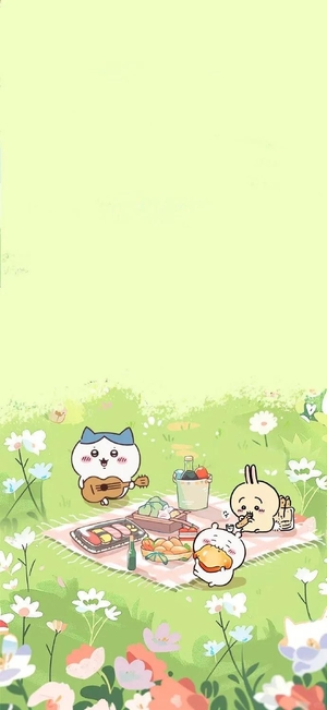 ちいかわ、ハチワレ、うさぎが花畑でピクニック - png