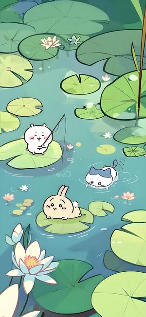 ちいかわ、ハチワレ、うさぎが蓮の池で遊ぶ - スマホ壁紙
