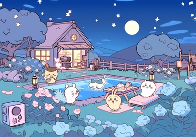 ちいかわ、ハチワレ、うさぎ、モモンガが月夜のプールで集まる - ちいかわ壁紙