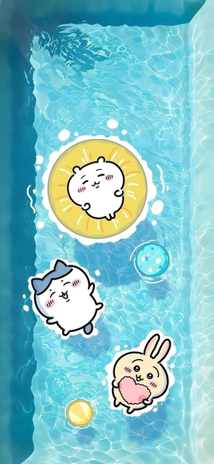 ちいかわ、ハチワレ、うさぎがプールで遊ぶ - ちいかわ壁紙