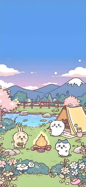 ちいかわ、ハチワレ、うさぎがキャンプ，キャンプファイヤーでピクニック - ちいかわモバイル背景
