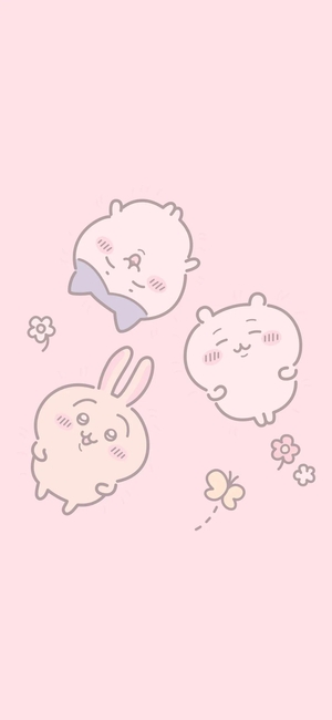 ちいかわ、ハチワレ、うさぎがピンク背景で花と蝶と遊んでいる - スマホ壁紙