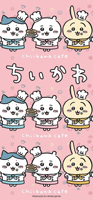 ちいかわ、ハチワレ、うさぎがシェフ扮しでピンク背景 - ちいかわ壁紙