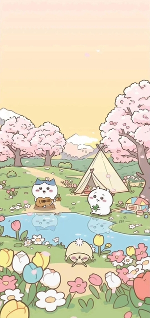 ちいかわ、ハチワレ、うさぎが桜のキャンプ場で遊ぶ - ちいかわモバイル背景