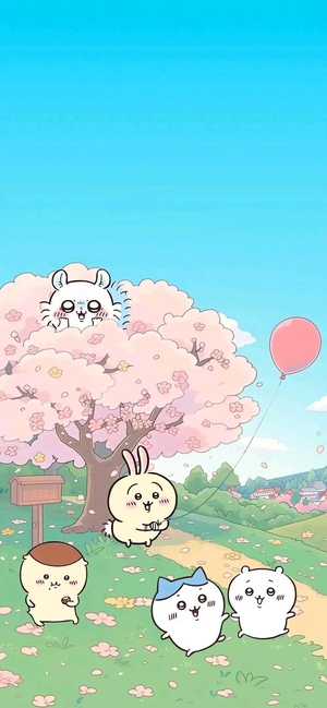 ちいかわ、ハチワレ、うさぎ、モモンガが桜の木の下 - ちいかわモバイル背景