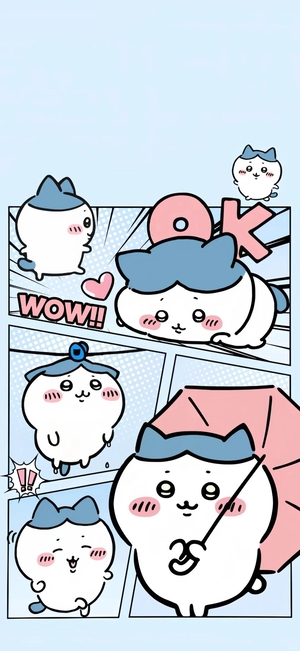 ちいかわキャラクター達の漫画風シーン（傘を持つ、吊るされる等） - 壁紙