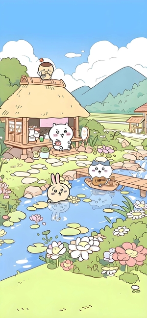 ちいかわ、ハチワレ、うさぎ、モモンガが藁葺き小屋近くの池で遊ぶ - スマホ壁紙