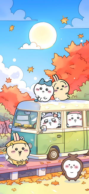 ちいかわ、うさぎたちが秋にバンで旅する - 壁紙