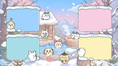 ちいかわキャラクターが雪の温泉場で4つのセクション（アプリ、ToDo、進行中、ファイル） - ちいかわ壁紙