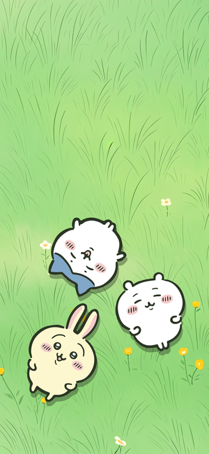 ちいかわ、ハチワレ、うさぎが芝生でくつろいでいる - ちいかわモバイル背景