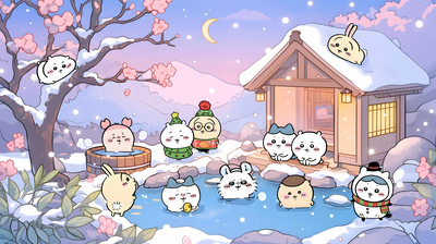 ちいかわキャラが雪の夜に温泉に入り、桜の木と小屋の雪景色 - パソコン壁紙