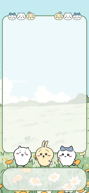 ちいかわ、うさぎ、ハチワレが花畑の草地で - png