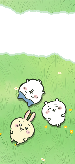 ちいかわ、ハチワレ、うさぎが芝生でくつろぐ - iPhone壁紙