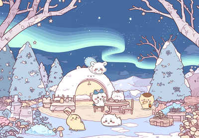 ちいかわ、ハチワレ、うさぎ、モモンガが雪の森で夜ピクニック - 4k & 高画質 ノートパソコン壁紙