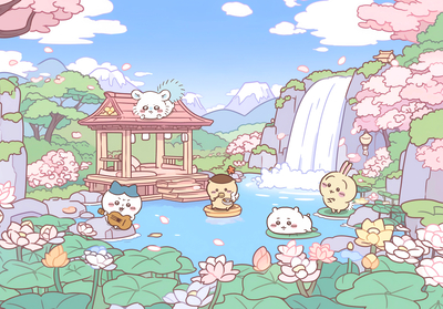 ちいかわ、ハチワレ、うさぎ、モモンガが桜滝の池で遊ぶ - 4k & 高画質 ノートパソコン壁紙