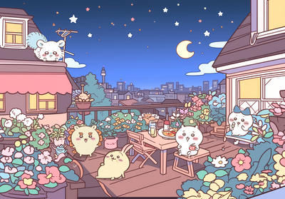 ちいかわ、うさぎらが夜空の屋上テラスでピクニック - 壁紙