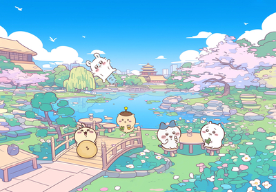 ちいかわ、うさぎたちが桜の池辺で遊んでいる - 4k & 高画質 壁紙