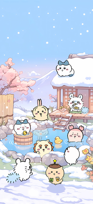 ちいかわキャラクター達が冬に温泉に入り、雪と桜が添う - モバイル壁紙