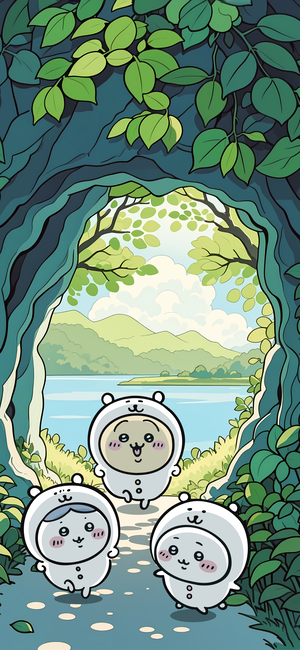 ちいかわキャラクター達が森の洞穴から湖岸へ歩く - 壁紙