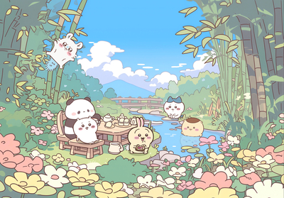 ちいかわ、ハチワレ、うさぎ、モモンガが竹林の小川でピクニック - 4k & 高画質 デスクトップ壁紙