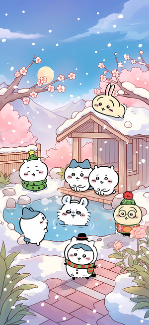 ちいかわキャラたちが雪の夜桜の温泉で遊ぶ - pngモバイル壁紙