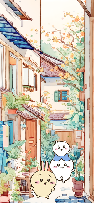 ちいかわとうさぎが緑の植物と黄色い花の路地で歩く - ちいかわ壁紙