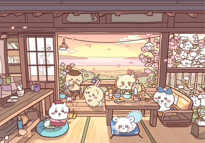 ちいかわ、うさぎたちが桜の海辺の小屋で食事 - ちいかわ壁紙
