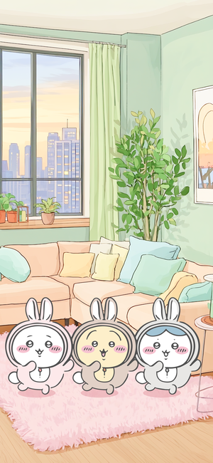 ちいかわ、ハチワレ、うさぎがリビングのピンクラグの上 - ちいかわモバイル背景