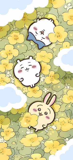 ちいかわ、ハチワレ、うさぎが黄色い花と雲の中 - スマホ壁紙