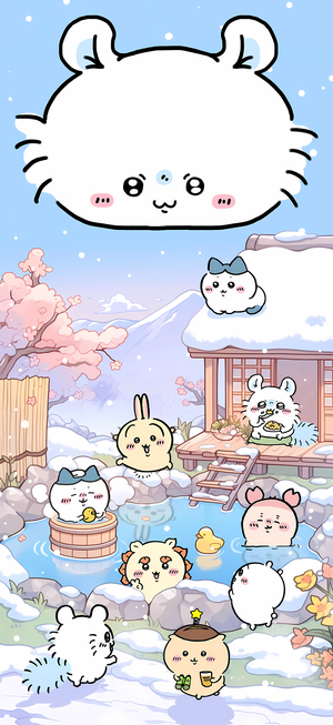 ちいかわキャラクター達が冬に温泉に入り、桜と雪景色が添える - ちいかわ壁紙