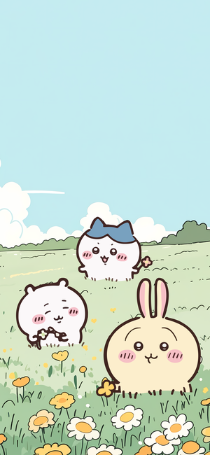 ちいかわ、ハチワレ、うさぎが花畑の草地で遊ぶ - png