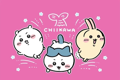 ちいかわ、ハチワレ、うさぎがピンク背景でジャンプ - 壁紙