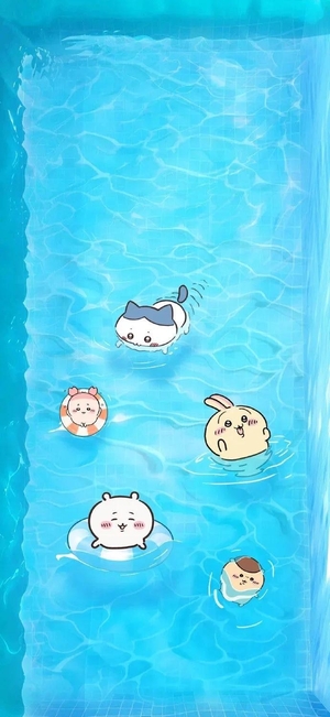 ちいかわ、ハチワレ、うさぎ、モモンガがプールで泳いで遊んでいる - モバイル壁紙