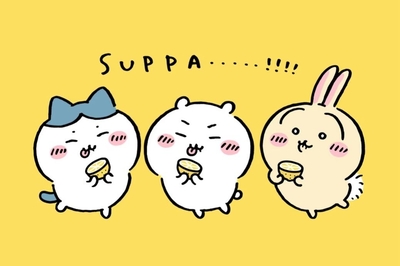 ちいかわ、ハチワレ、うさぎが一緒に飲み物を飲む - デスクトップ壁紙