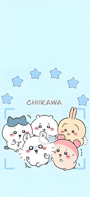 ちいかわ、ハチワレ、うさぎらが青い星の下で集合写真 - ちいかわモバイル背景