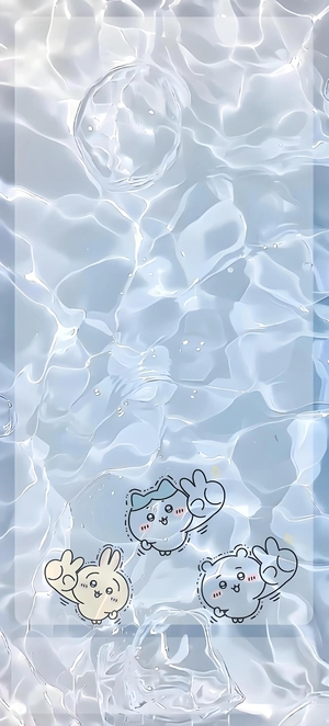 ちいかわ、ハチワレ、うさぎが水波纹背景でピースサイン - 壁紙