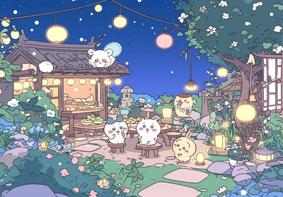 ちいかわ、うさぎらが夜空の下の庭で集まる - ノートパソコン壁紙