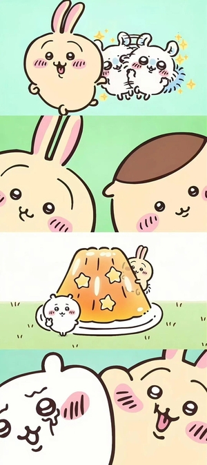 ちいかわ、うさぎ、モモンガと星のプリン - 壁紙