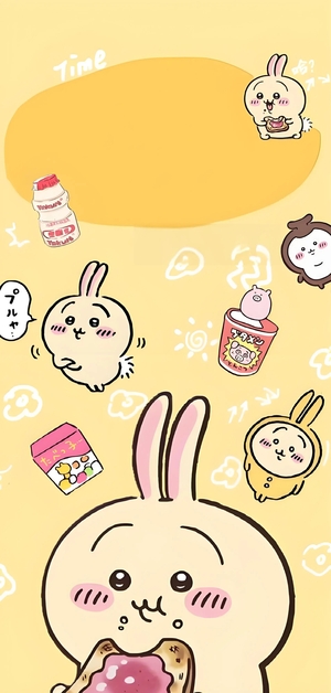 ちいかわ、うさぎなどのキャラクターが黄色背景で食事を楽しむ - 壁紙