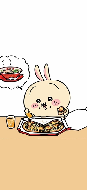 うさぎがピザを食べながらラーメンを思っている - png