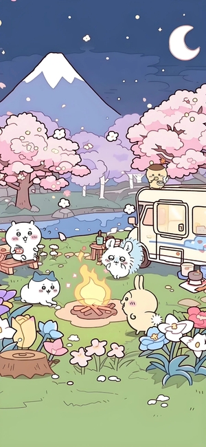 ちいかわ・ハチワレ・うさぎたちが桜の夜のキャンプファイヤーで - iPhone壁紙