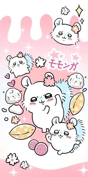 モモンガたちが花とお菓子の可愛いピンクシーン - モバイル壁紙