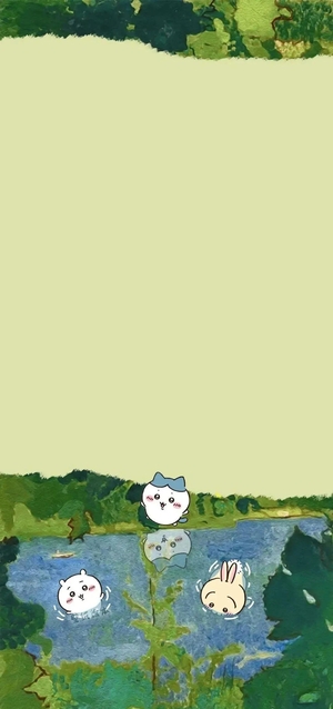 ちいかわ、ハチワレ、うさぎが森の湖で泳いでいる - ちいかわ壁紙