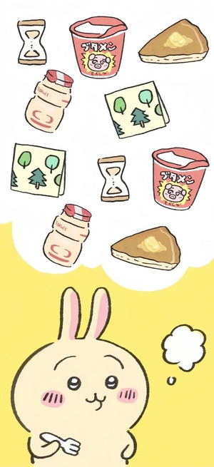 ちいかわシリーズのうさぎが食べ物（カップヌードル、ヤクルト、パンケーキ等）を思っている - ちいかわ壁紙