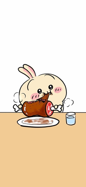 ちいかわシリーズのうさぎが食卓で大きな肉骨を食べている - pngモバイル壁紙