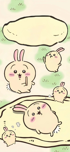 うさぎとちいかわキャラクターが砂場で遊ぶ - スマホ壁紙