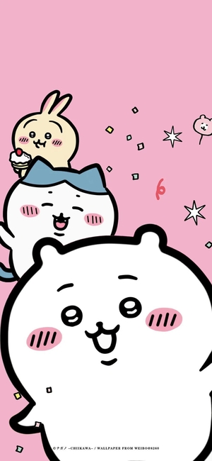 ちいかわ、ハチワレ、うさぎがお祝いして、紙吹雪と星がある - pngモバイル壁紙