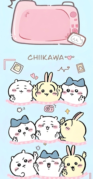 ちいかわ、ハチワレ、うさぎがポーズをとり、ピンクカメラで撮影 - スマホ壁紙