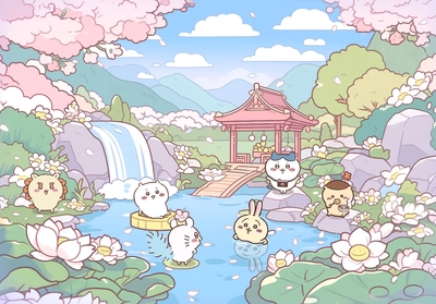 ちいかわキャラたちが桜と滝の池で遊ぶ - ノートパソコン壁紙